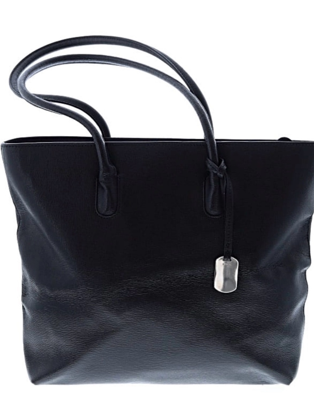 Furla Designer Black Leather Tote Bag with Silver Tag and interior zip pocket